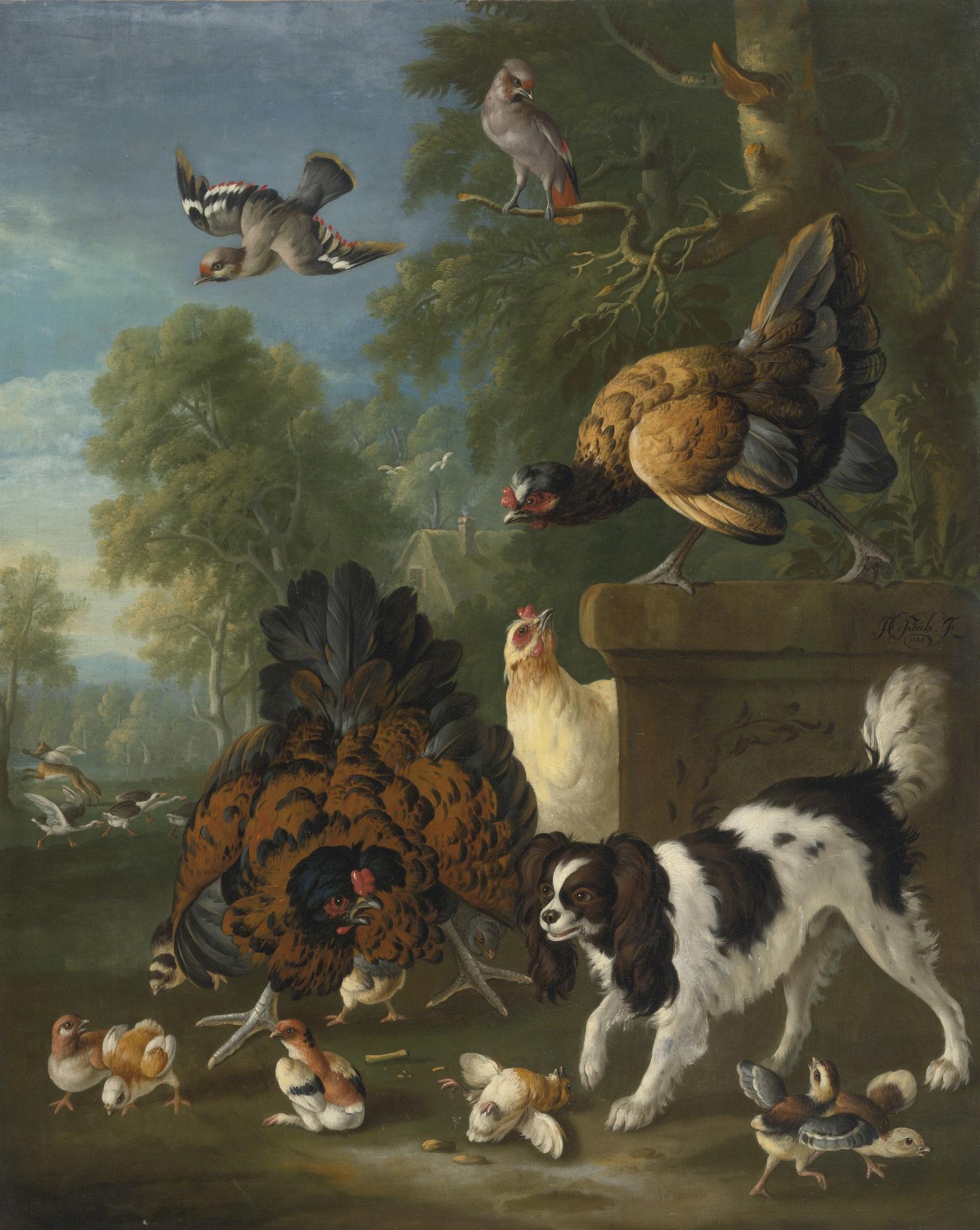 Pieter Casteels Iii - A Family Of Chickens Fending Off A Spaniel In A Landscape