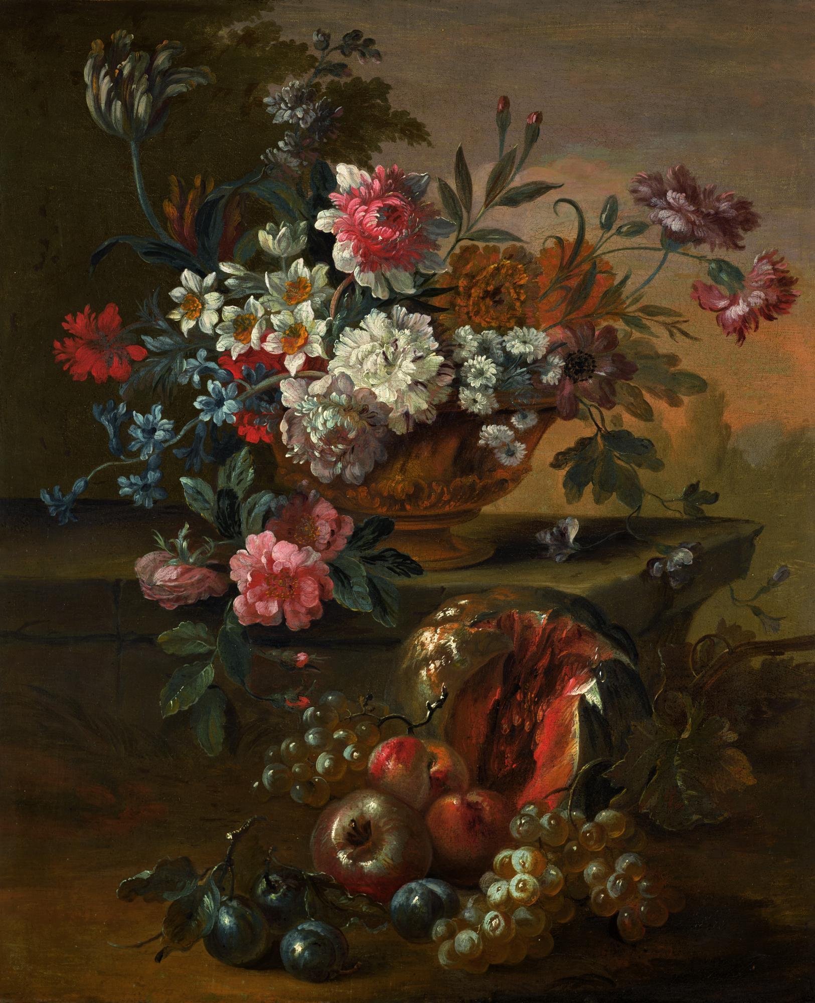 Pieter Casteels Iii - A Pair Of Still Lifes With Flowers In Urns Upon A Ledge, With Fruit Strewn In The Foreground