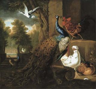 Pieter Casteels III - A peacock and chickens with other birds beyond in the garden of a Neoclassical villa