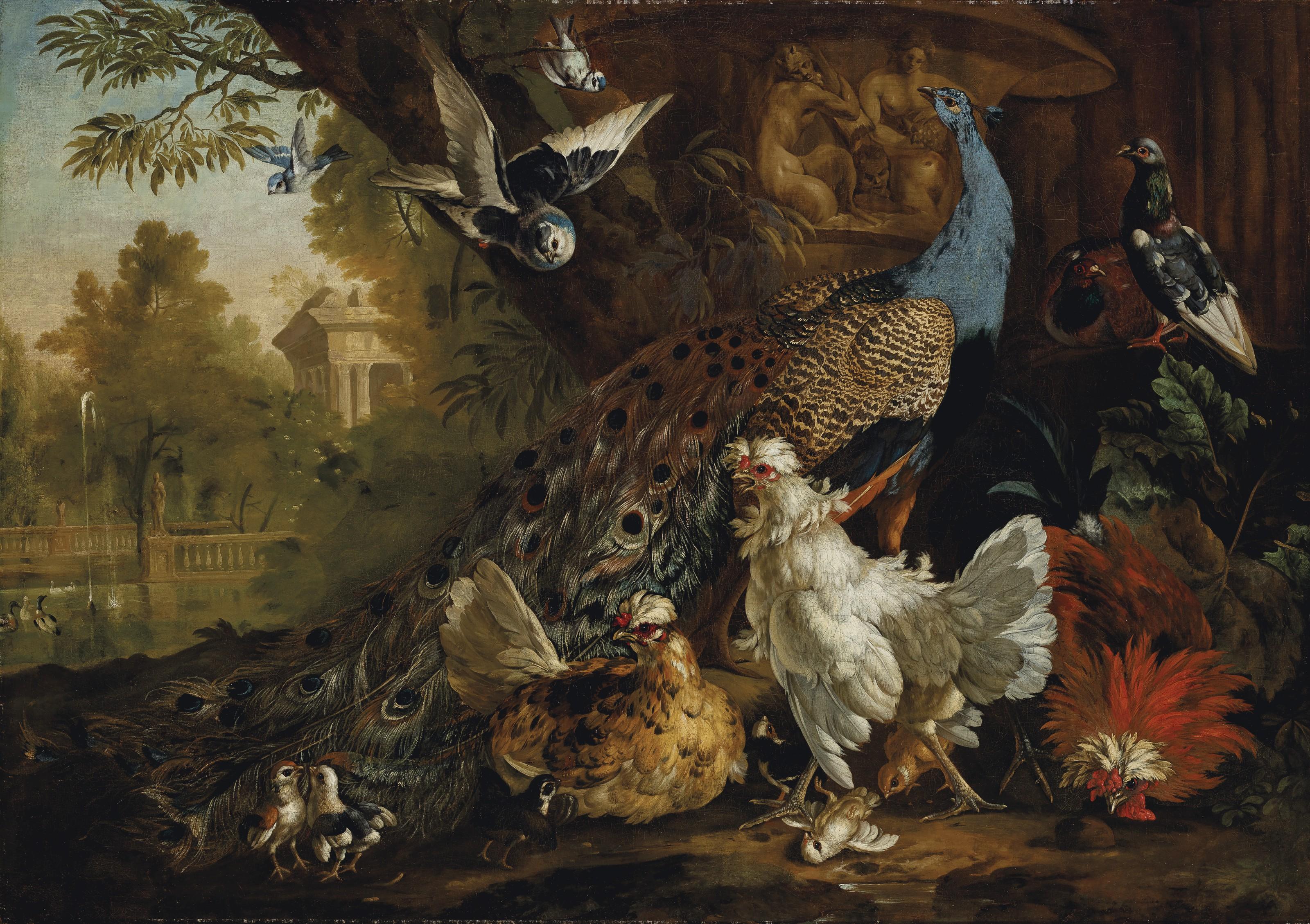 Pieter Casteels III - A Peacock, Chickens, Pigeons And Other Birds In A Landscape