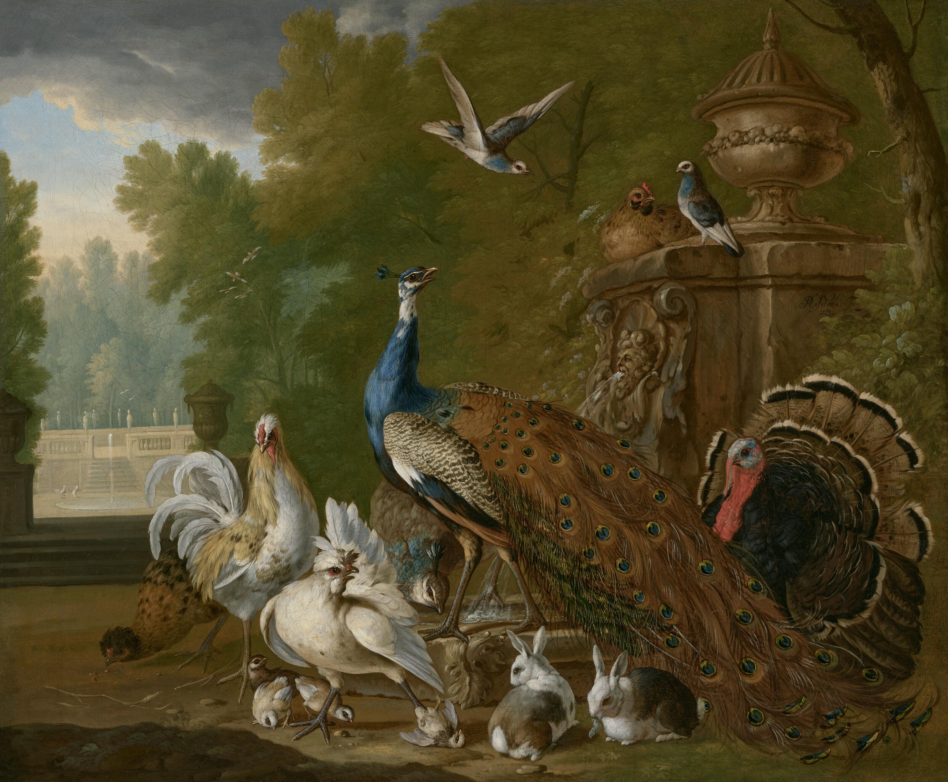 Pieter Casteels III - A peacock, turkey, cockerel, hen, pigeons, other birds and rabbits in a park landscape