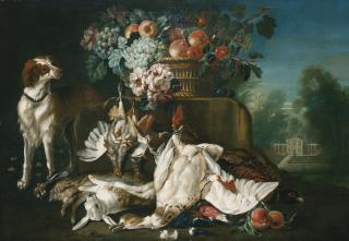 Pieter Casteels III - A Still Life In A Formal Garden Setting With Fruit Spilling Out Of A Basket Set On A Stone Ledge, A Spaniel And Dead Game On The Ground Beneath