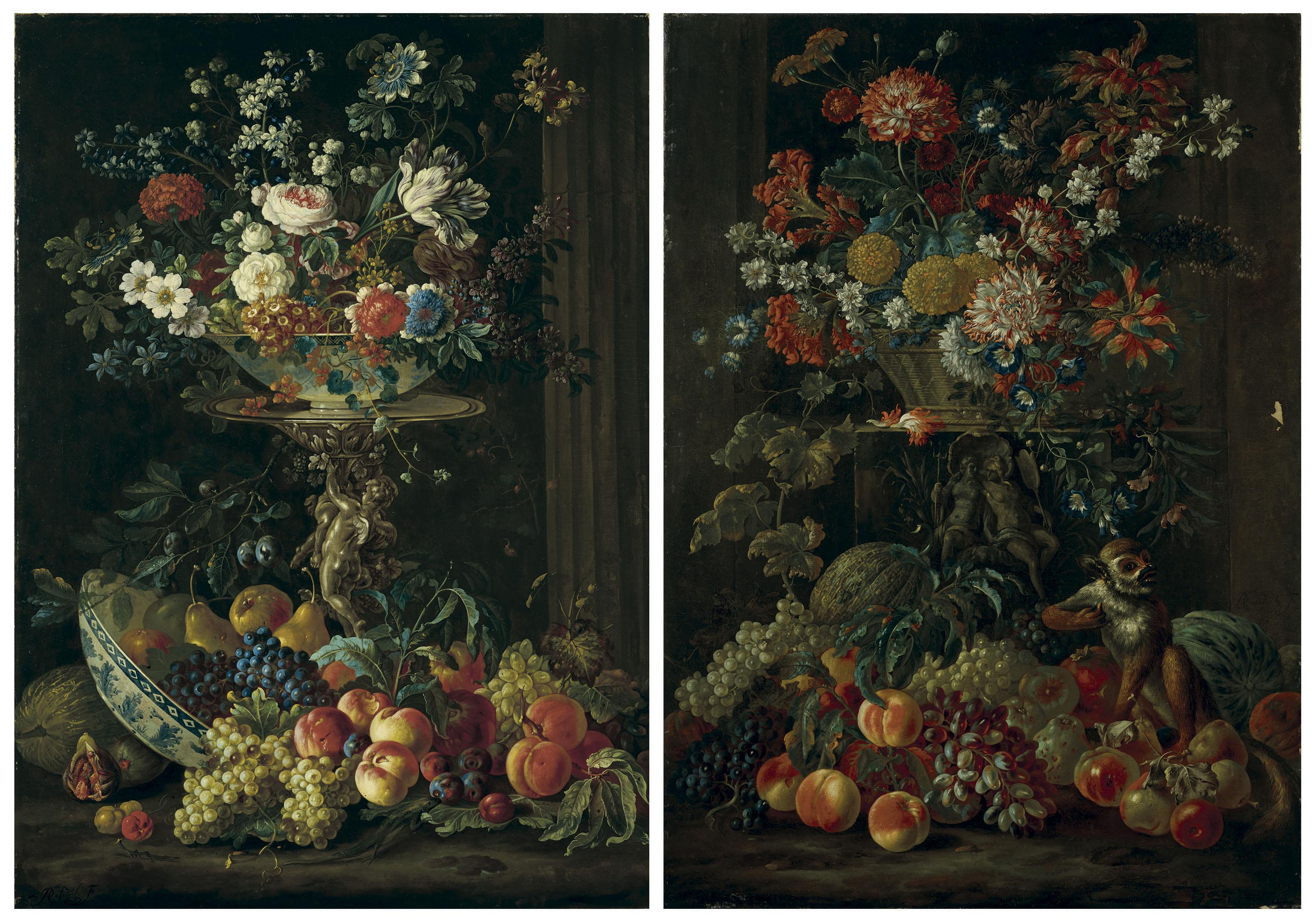 Pieter Casteels Iii - Assorted Flowers In A Bowl Atop A Decorative Pedestal Surrounded By Fruits; And Assorted Flowers In A Basket Atop A Decorative Pedestal Surrounded By Fruits And A Monkey