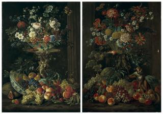 Pieter Casteels Iii - Assorted Flowers In A Bowl Atop A Decorative Pedestal Surrounded By Fruits; And Assorted Flowers In A Basket Atop A Decorative Pedestal Surrounded By Fruits And A Monkey