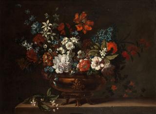 Pieter Casteels III - Chrysanthemums, roses, tulips, orange blossom and other flowers in a bronze urn on a stone ledge