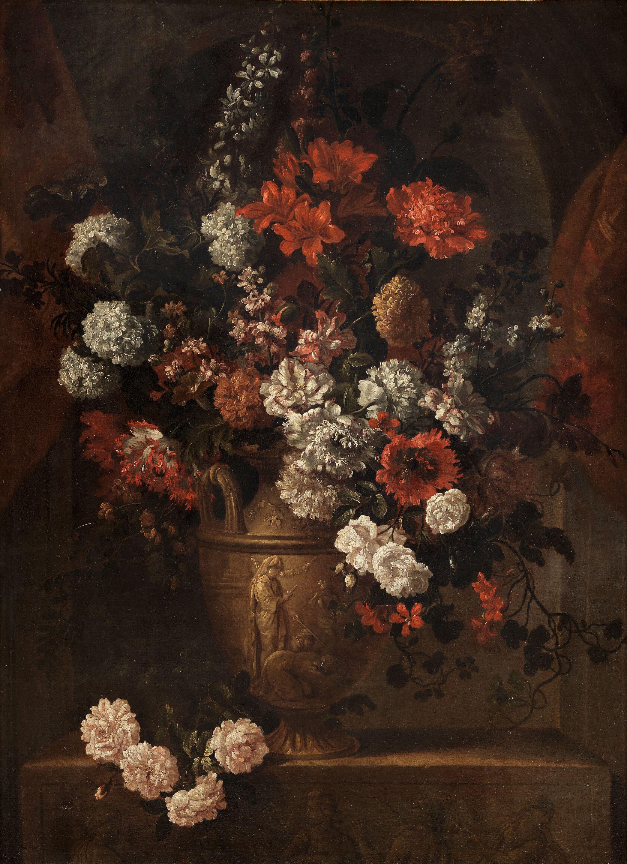 Pieter Casteels III - Poppies, roses, lilies and other flowers in an urn on a carved ledge