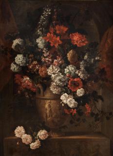 Pieter Casteels III - Poppies, roses, lilies and other flowers in an urn on a carved ledge
