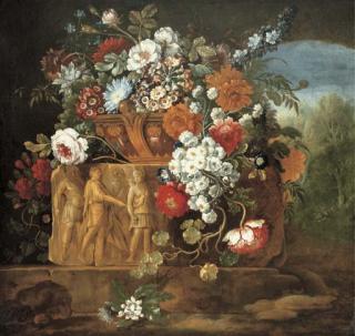 Pieter Casteels III - Roses, peonies, daisies and other flowers in a sculpted vase resting on an antique frieze