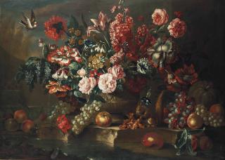 Pieter Casteels III - Roses, Poppies, Convolvulus And Other Flowers In A Sculpted Urn On A Stone Ledge, With Grapes, Peaches, A Pumpkin, A Squirrel Eating Hazelnuts And A Goldfinch