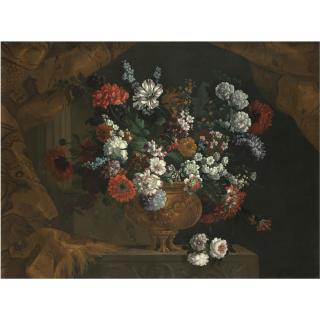 Pieter Casteels III - Still Life Of Flowers In A Gilt Urn On A Stone Ledge