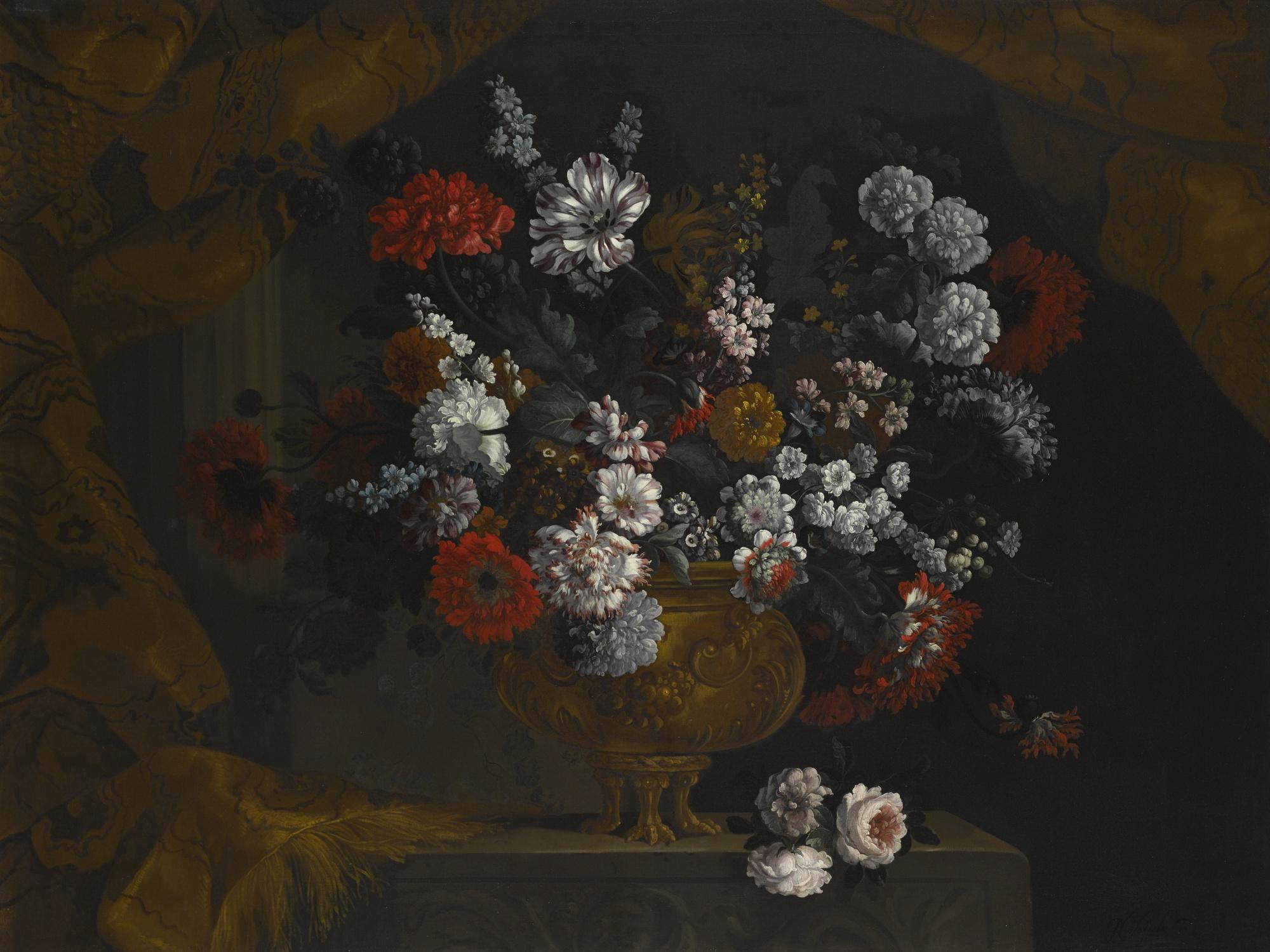 Pieter Casteels Iii - Still Life Of Flowers In A Gilt Urn On A Stone Ledge