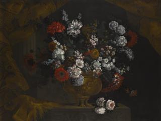 Pieter Casteels Iii - Still Life Of Flowers In A Gilt Urn On A Stone Ledge