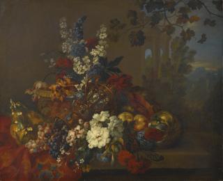 Pieter Casteels Iii - Still Life With Flowers And Fruit, With An Upturned Vase And A Sculpted Urn, In An Italianate Setting