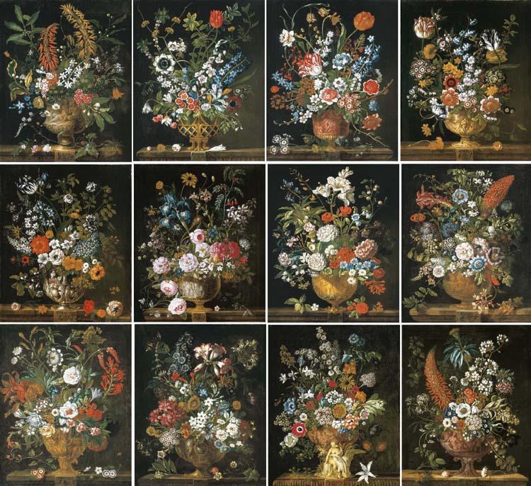 Pieter Casteels III - The Twelve Months of Flowers, a floral calendar of still lifes: January; February; March; April; May; June; July; August; September; October; November; and December