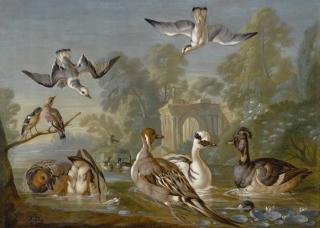 Pieter Casteels Iii - Waterfowl On A Pond With Other Birds In A Parkland Setting