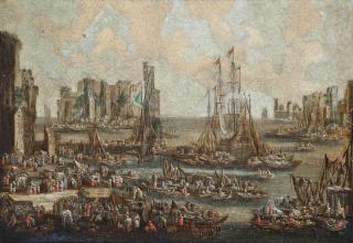 Pieter Casteels the Younger - A Mediterranean harbour scene with ships unloading their cargo