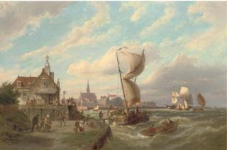 Pieter Christiaan Cornelis Dommersen - The Barge At The Goeser Veerhuis With Goes In The Distance