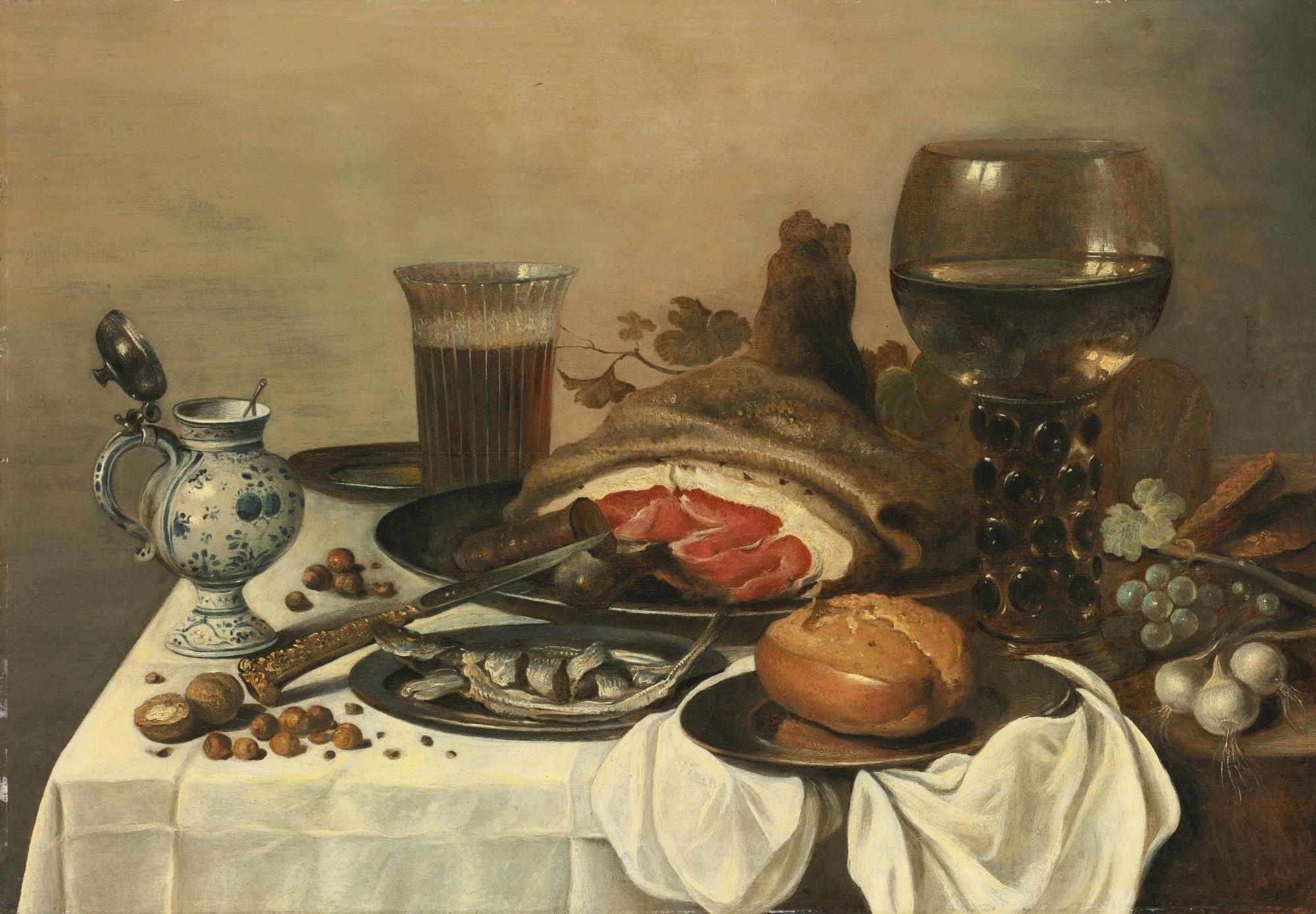 Pieter Claesz. - A Delft Jug, Ham On A Pewter Plate, A Glass Of Wine, Fish And A Roll On A Table Covered With A White Cloth