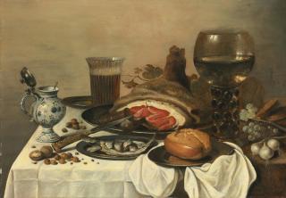 Pieter Claesz. - A Delft Jug, Ham On A Pewter Plate, A Glass Of Wine, Fish And A Roll On A Table Covered With A White Cloth