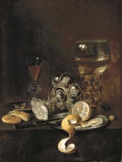 Pieter Claesz. - A giant roemer, an upturned goblet, a glass, bread, a knife and a partly-peeled lemon on a platter, on a table