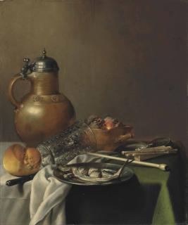 Pieter Claesz - A herring on a pewter platter, with a roll of bread, a knife, an upturned glass, a stoneware and pewter jug, a red earthenware brazier, a white clay pipe, a bundle of matches and a pewter tobacco tin, on a partially draped table