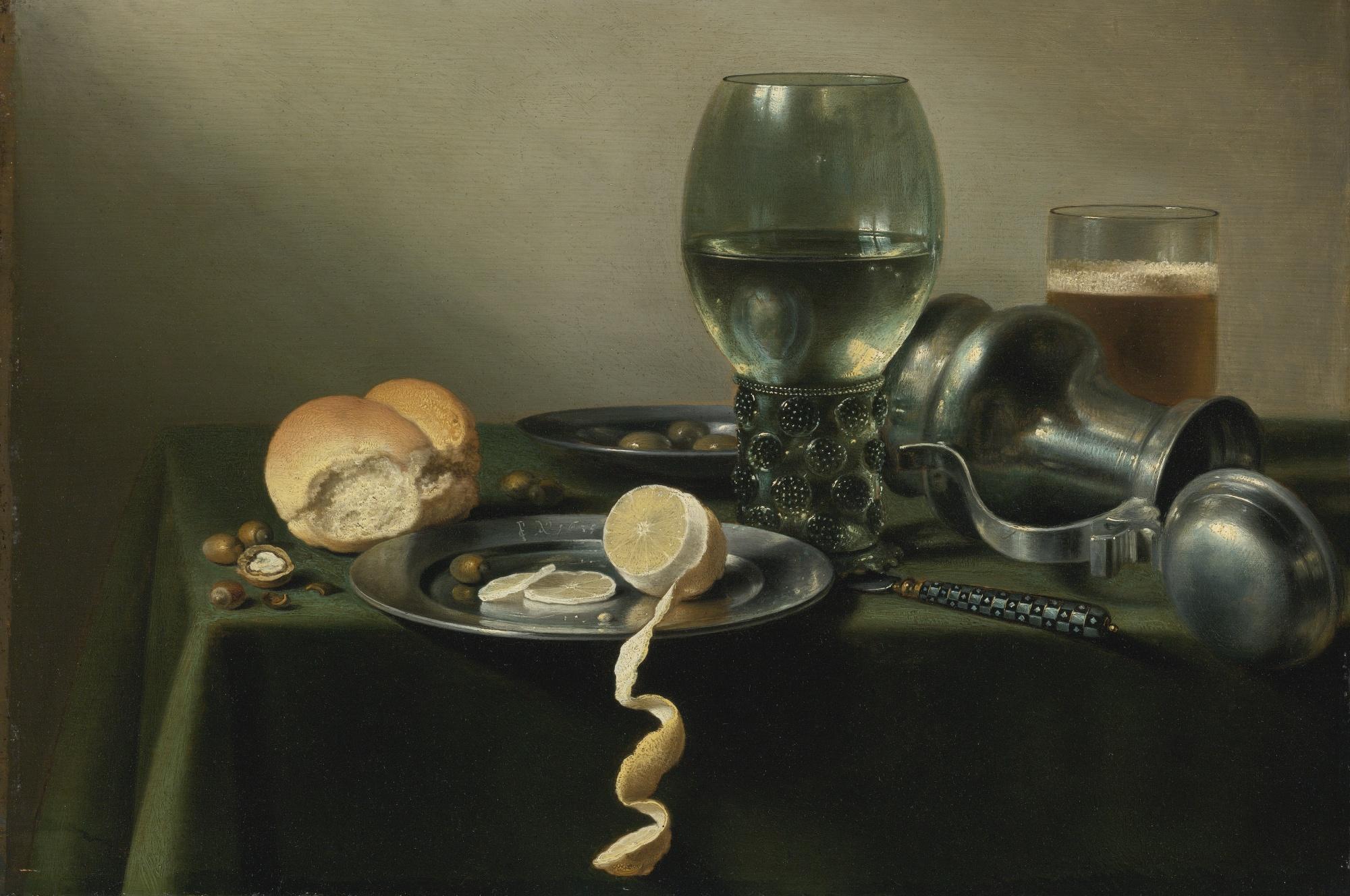 Pieter Claesz. - A Roemer, An Overturned Pewter Jug, Olives And A Half-Peeled Lemon On Pewter Plates