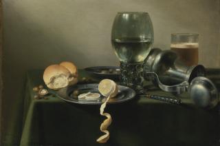 Pieter Claesz. - A Roemer, An Overturned Pewter Jug, Olives And A Half-Peeled Lemon On Pewter Plates