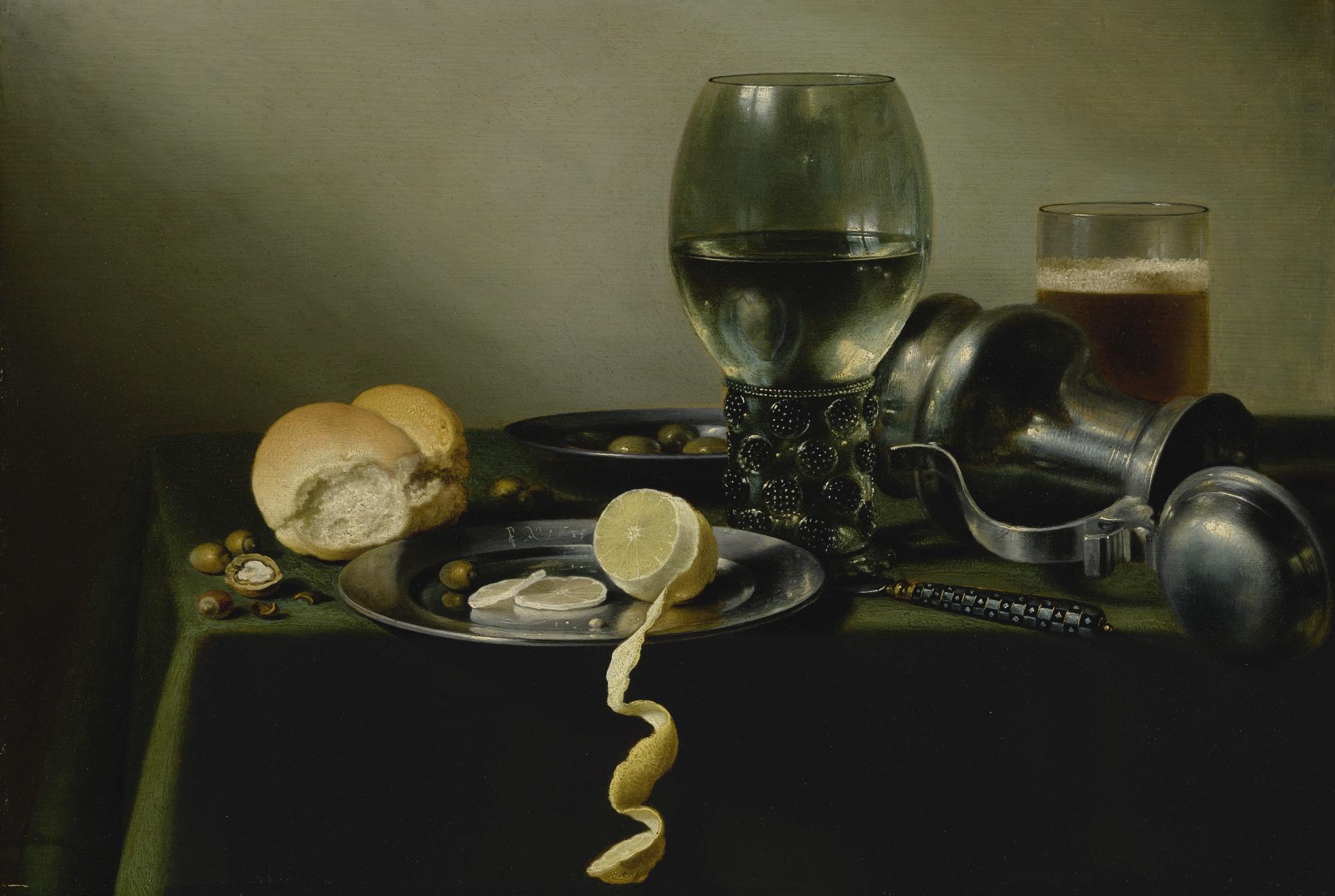 Pieter Claesz. - A Roemer, An Overturned Pewter Jug, Olives Half-Peeled Lemon On Pewter Plates