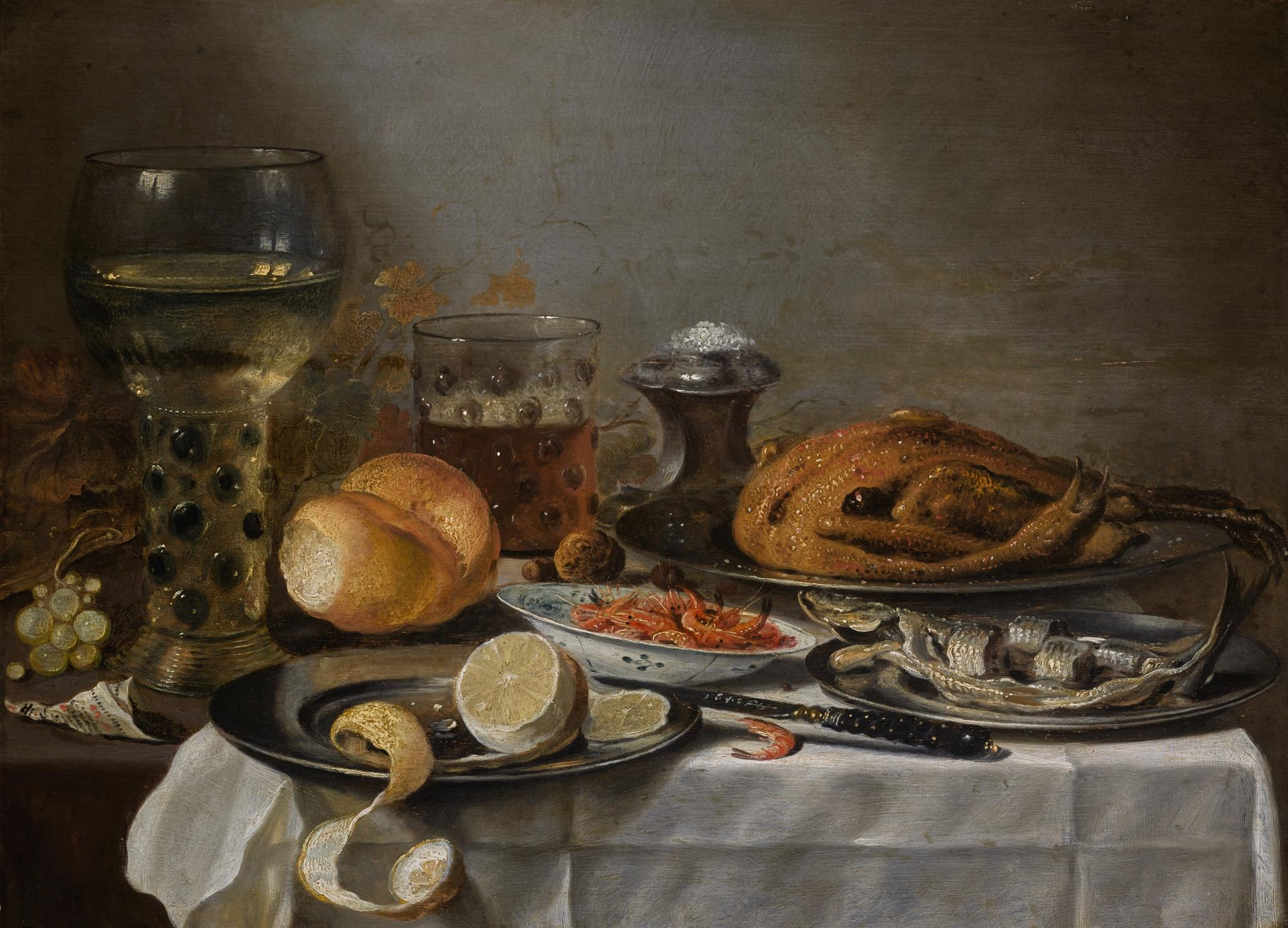 Pieter Claesz. - A Roemer, Tobacco, A Chicken, A Herring And A Partially Peeled Lemon On A Pewter Plate, With Shrimp In A Porcelain Bowl, And Other Fruit, On A Partially Draped Table