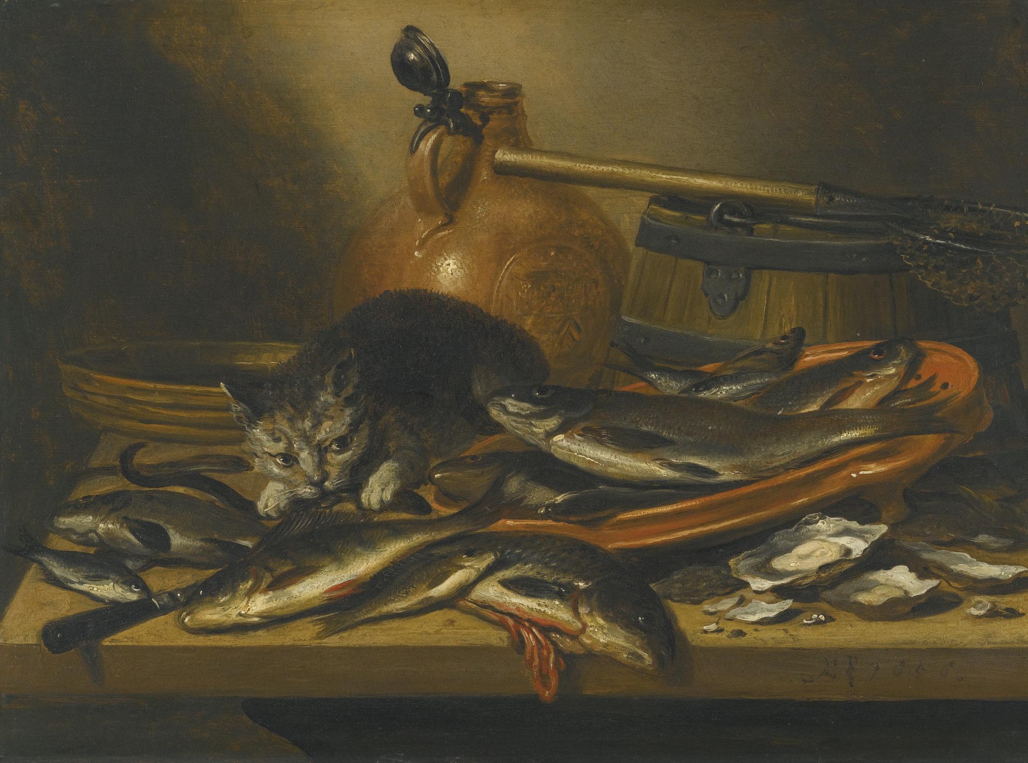 Pieter Claesz. - A Still Life Of Fresh-Water Fish, With A Cat, A Bartmannkrug, A Barrel And A Small Fishing Net On A Table