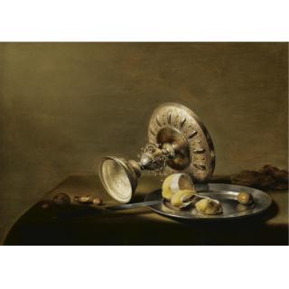 Pieter Claesz. - A Still Life With An Overturned Silver Tazza, A Silver Plate With A Partly Peeled Lemon And An Olive, With Walnuts And Hazelnuts On A Table Draped With A Green Cloth