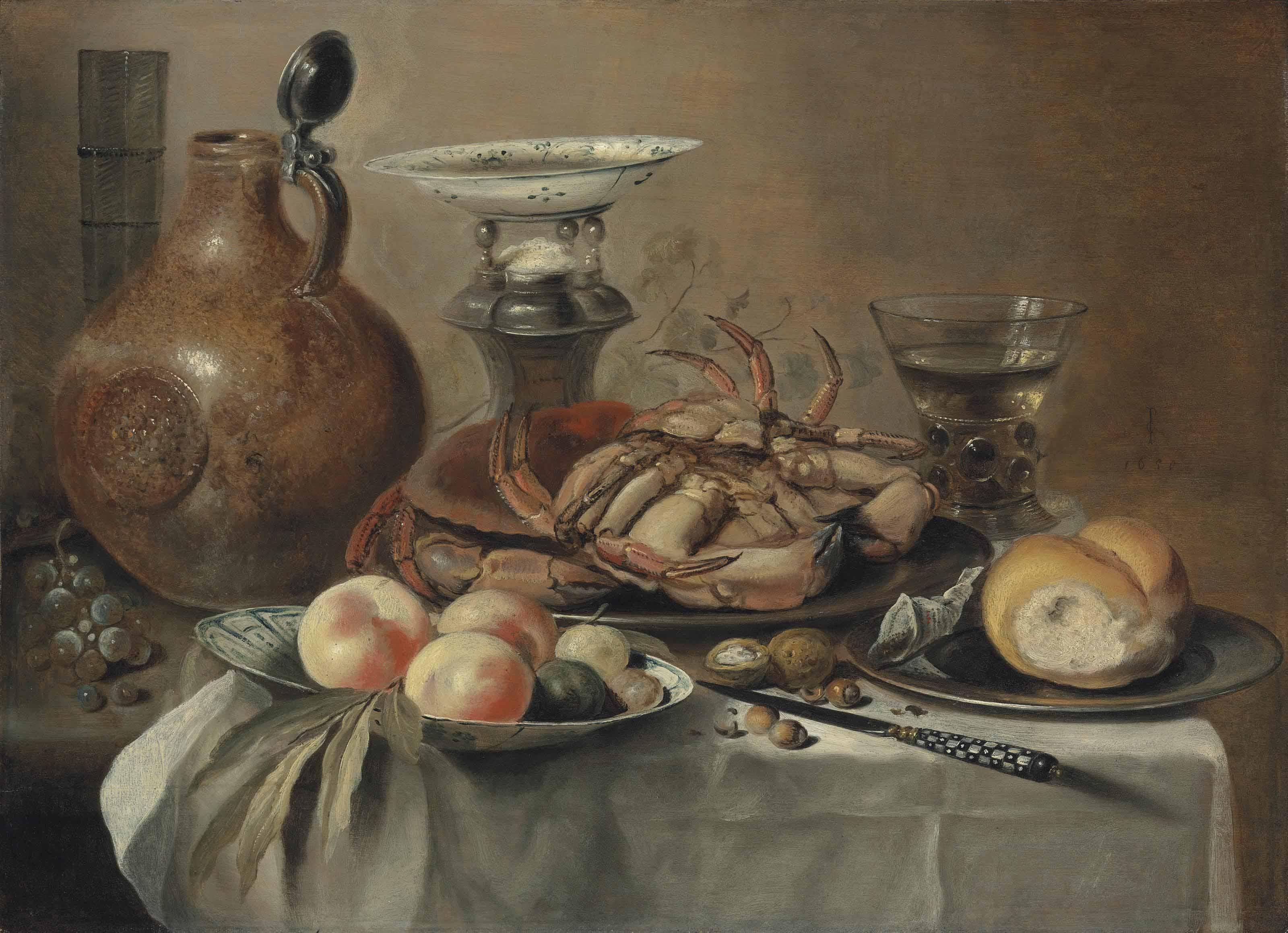 Pieter Claesz. - Crabs and bread on pewter platters, peaches and other fruit in a porcelain bowl, a salt vessel, a jug, a roemer and a knife, on a draped table