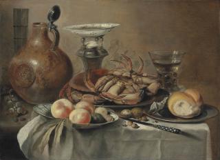 Pieter Claesz. - Crabs and bread on pewter platters, peaches and other fruit in a porcelain bowl, a salt vessel, a jug, a roemer and a knife, on a draped table