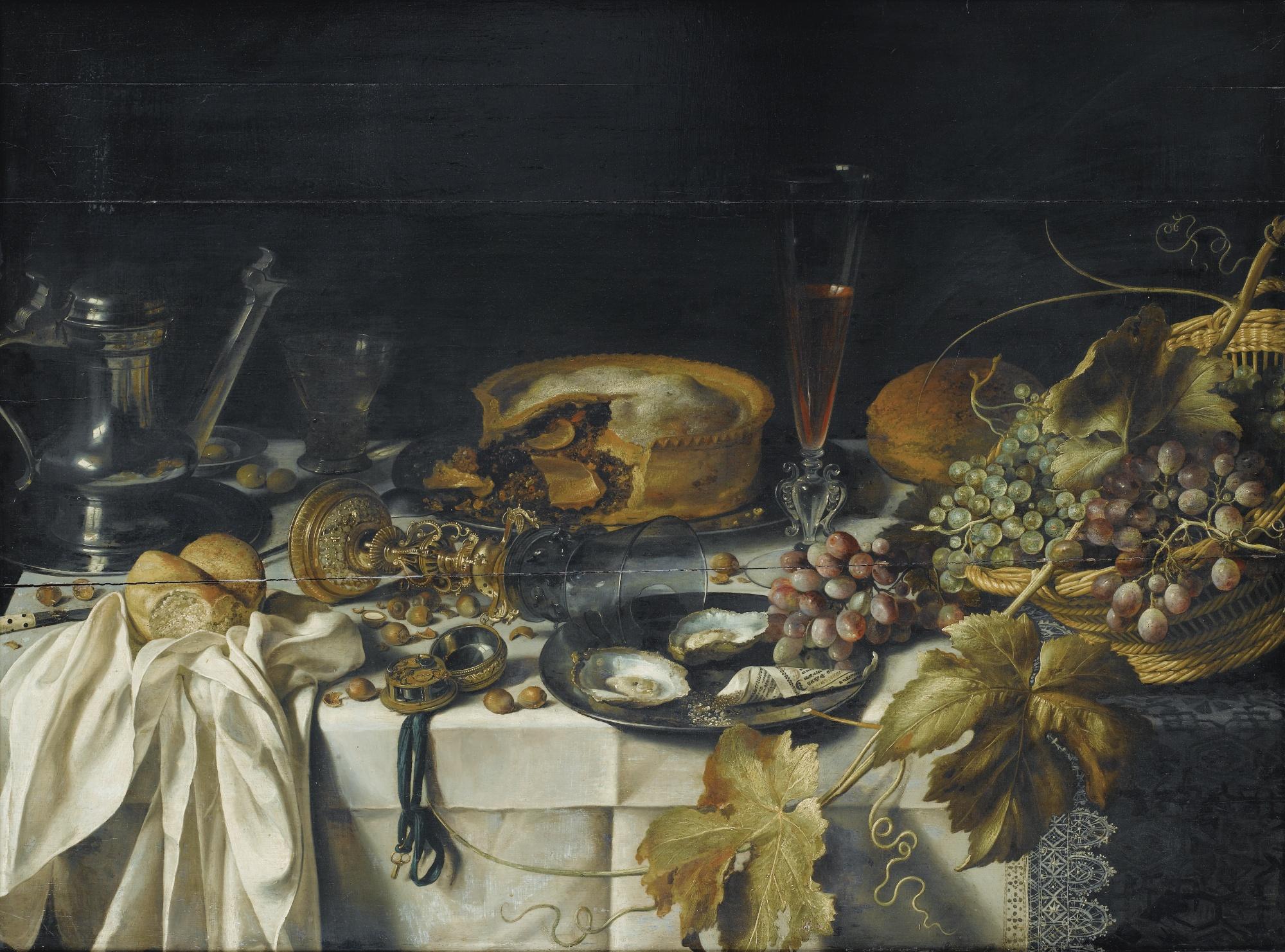 Pieter Claesz. - Nature Morte Au Mince Pie, Panier De Raisins, Pichet En Étain Et Montre