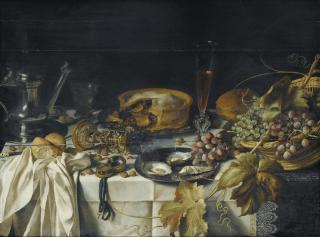 Pieter Claesz. - Nature Morte Au Mince Pie, Panier De Raisins, Pichet En Étain Et Montre