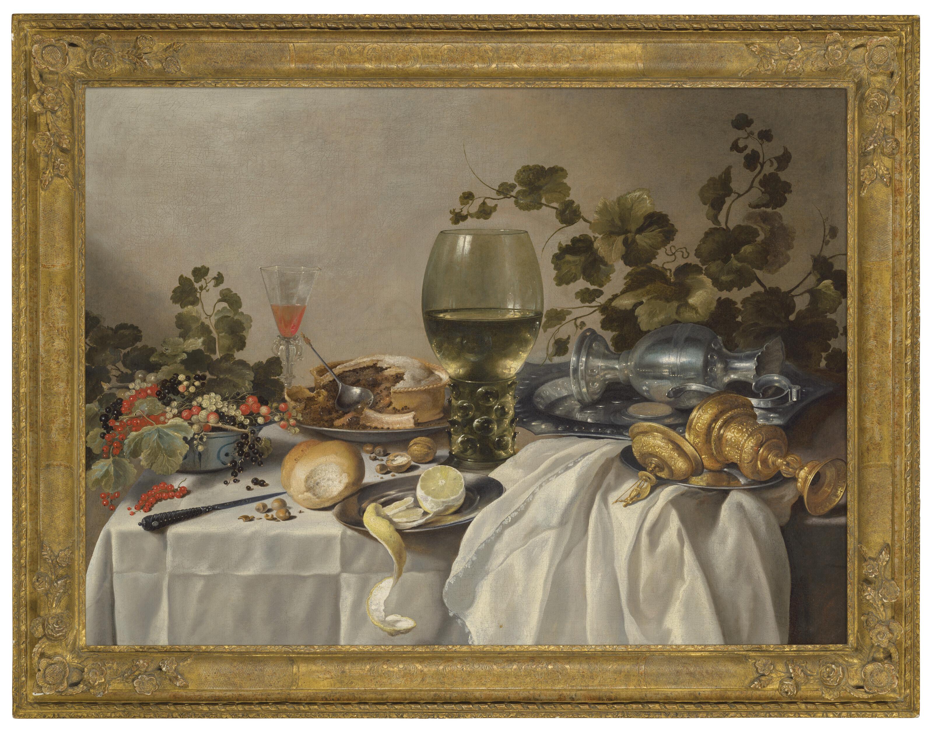 Pieter Claesz - Ontbijt of silver and glassware on a draped table, with vines, fruits and baked goods