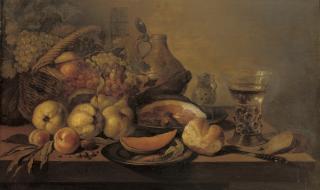 Pieter Claesz. - Quinces, peaches, a sliced melon on a silver plate, a bread roll, a leg of ham on a pewter plate, a knife, a \'Roemer\' of white wine, a stoneware jug and a basket of fruit, all on a table