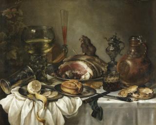 Pieter Claesz. - Still Life Of A Roemer, An Earthenware Jug, An Overturned Silver Beaker, A Ham And Other Objects Arranged Upon A Draped Table Top