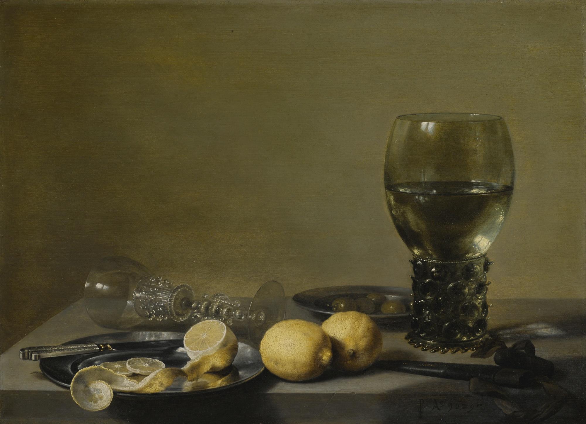 Pieter Claesz. - Still Life Of Lemons And Olives, Pewter Plates, A Roemer And A Façon-De-Venise Wine Glass On A Ledge