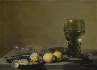 Pieter Claesz. - Still Life Of Lemons And Olives, Pewter Plates, A Roemer And A Façon-De-Venise Wine Glass On A Ledge