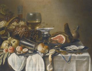 Pieter Claesz. - Still Life With A Ham, Various Fruits, Oysters, Bread, Salt And A Pocket Watch Arranged On A Table Draped With A White Cloth