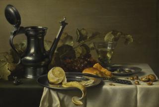 Pieter Claesz. - Still Life With A \'Jan Steen\' Jug, A Peeled Lemon On A Pewter Plate, Bread, A Knife, Olives On A Pewter Plate, Grapes, A Glass And Nuts, All On A Table Partly Draped With A White Cloth