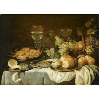 Pieter Claesz. - Still Life With A Roemer, A Crab, A Half-Peeled Lemon, And A Bread Roll On Pewter Plates, A Basket With Fruit, And A Chinese Bowl With Olives, All Arranged On A Draped Table