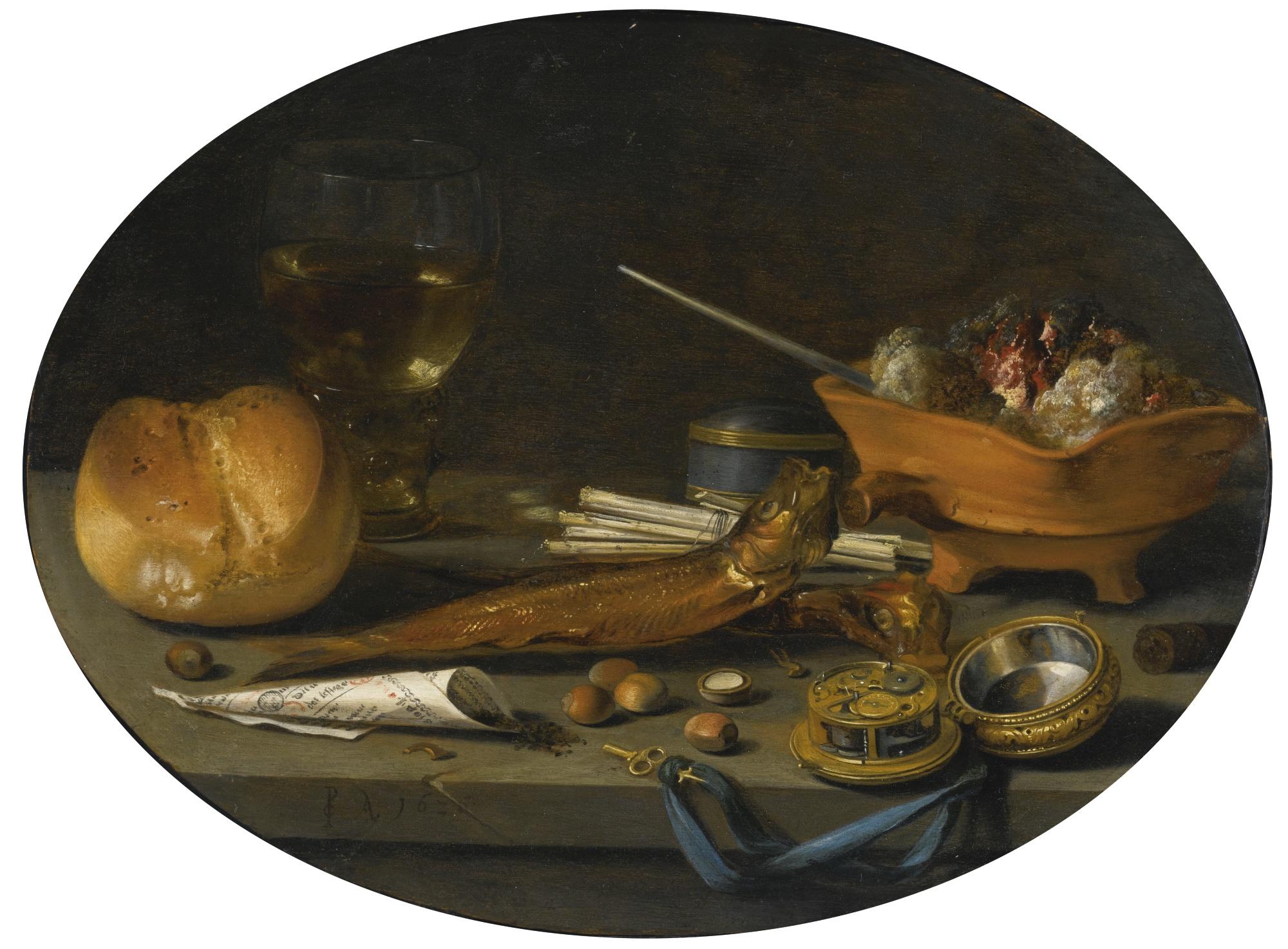 Pieter Claesz. - Still Life With A Roemer, A Roll, Smoked Herring, A Watch, Smoker\'S Requisites, Hazelnuts And A Brazier 