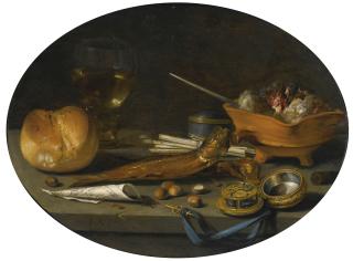 Pieter Claesz. - Still Life With A Roemer, A Roll, Smoked Herring, A Watch, Smoker\'S Requisites, Hazelnuts And A Brazier 