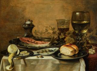 Pieter Claesz - Still Life With A Roemer, Olives, A Half-Peeled Lemon, Bread Rolls And Fish On Pewter Plates, All On A Table Draped With A White Cloth