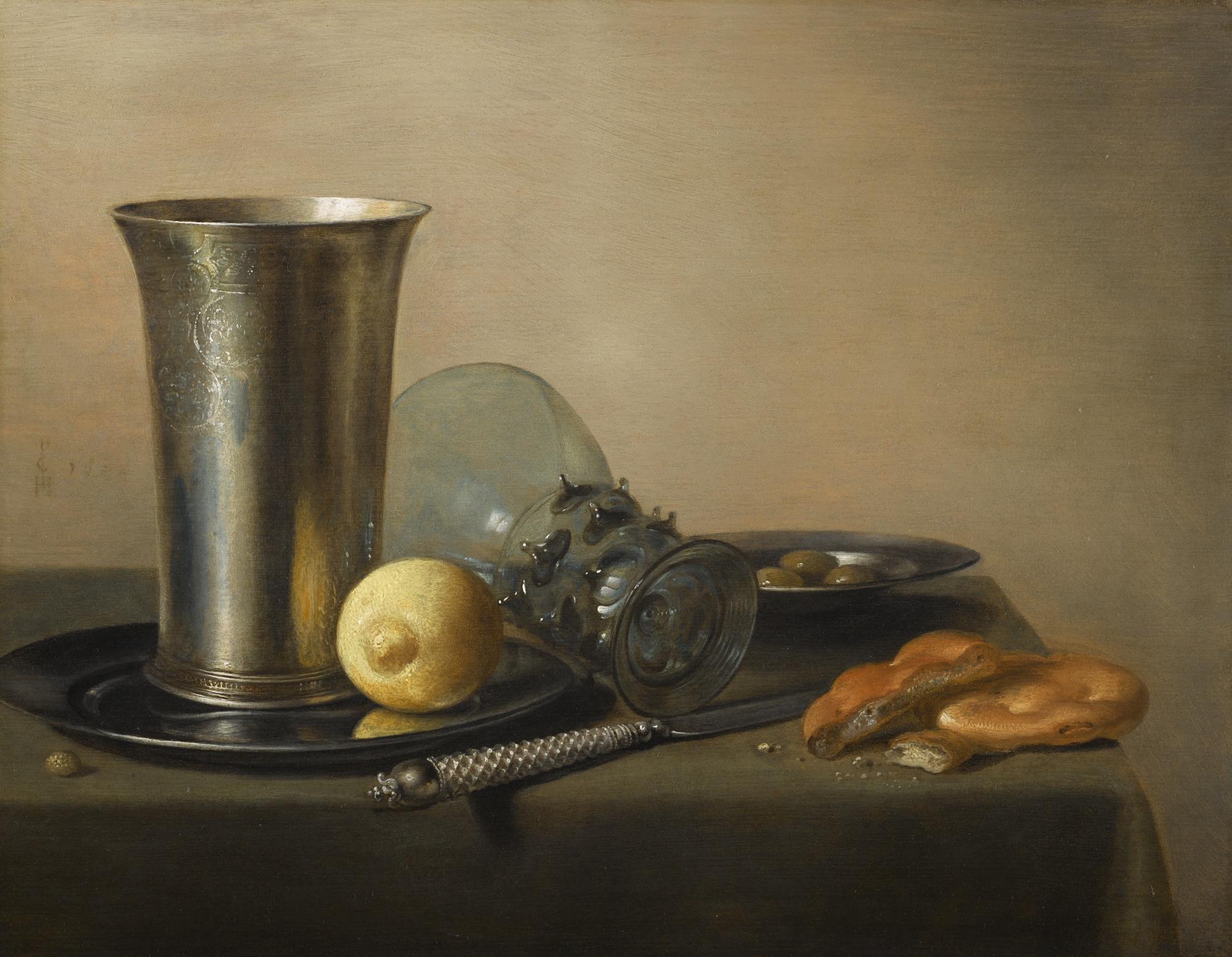 Pieter Claesz. - Still Life With A Silver Beaker And An Overturned Roemer, With Bread, A Knife And A Lemon And Olives On Two Pewter Plates