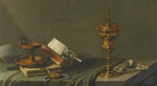 Pieter Claesz. - Still-Life With An Oil Lamp, A Pocket Watch, An Open Song Book, An Overturned Roemer, A Gilded Covered Cup And Sea Shells, All Arranged On A Table Draped With A Green Cloth