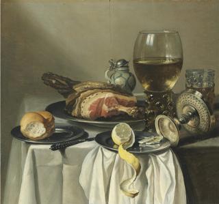 Pieter Claesz - Still life with ham, lemon, a roll, a glass of wine, and others on a table