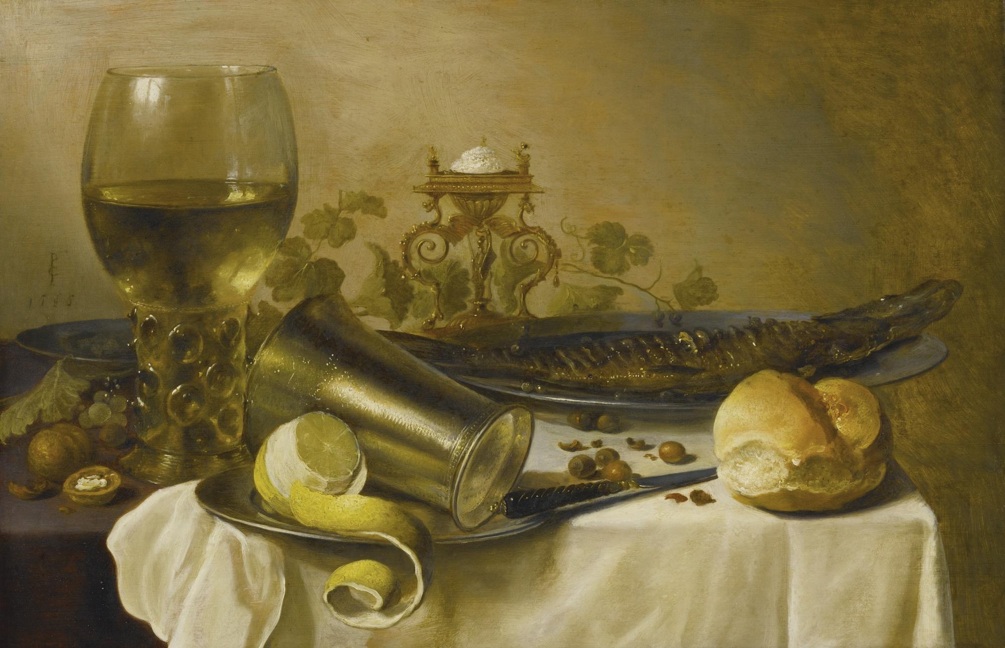 Pieter Claesz. - Still Life With Herring, Roemer, Salt Cellar, Overturned Beaker, Nuts, Knife, And Lemon On A Draped Table